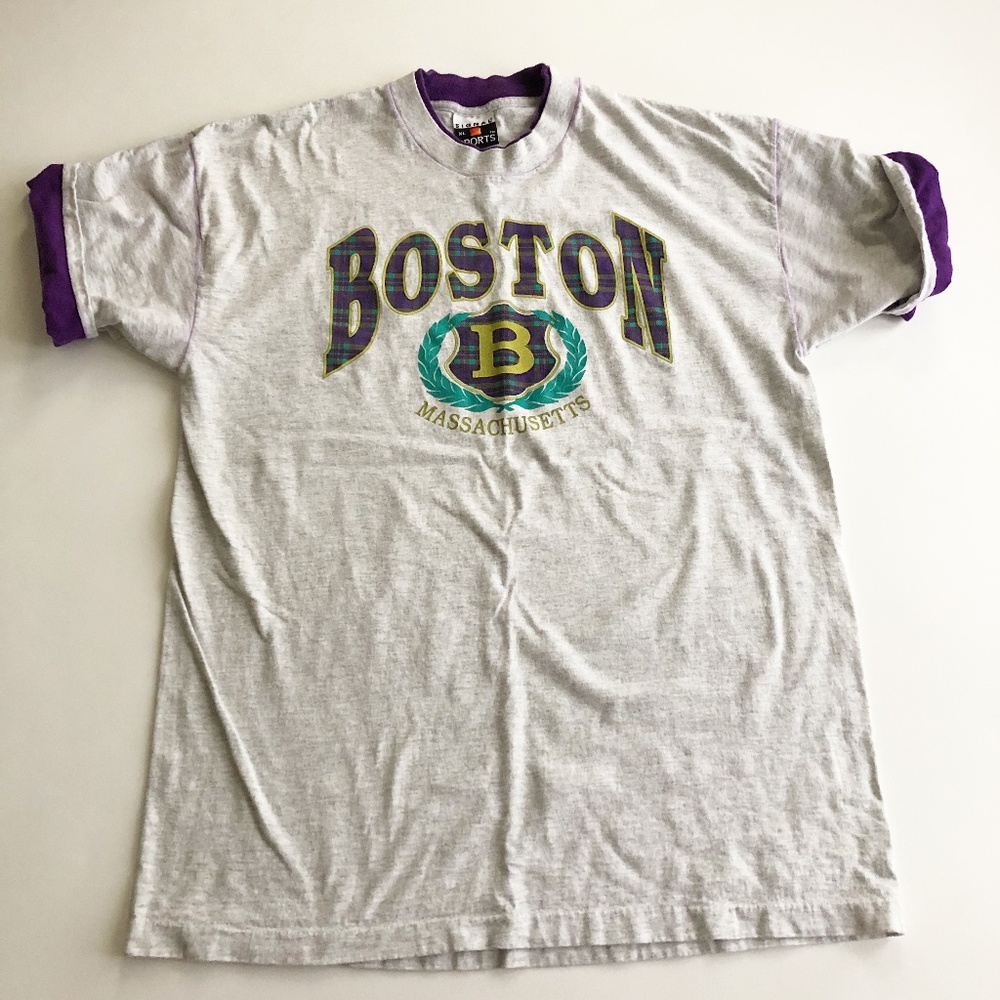 VTG Boston Massachusetts T Shirt Grey w Plaid Print Purple Roll Sleeves Sz XL